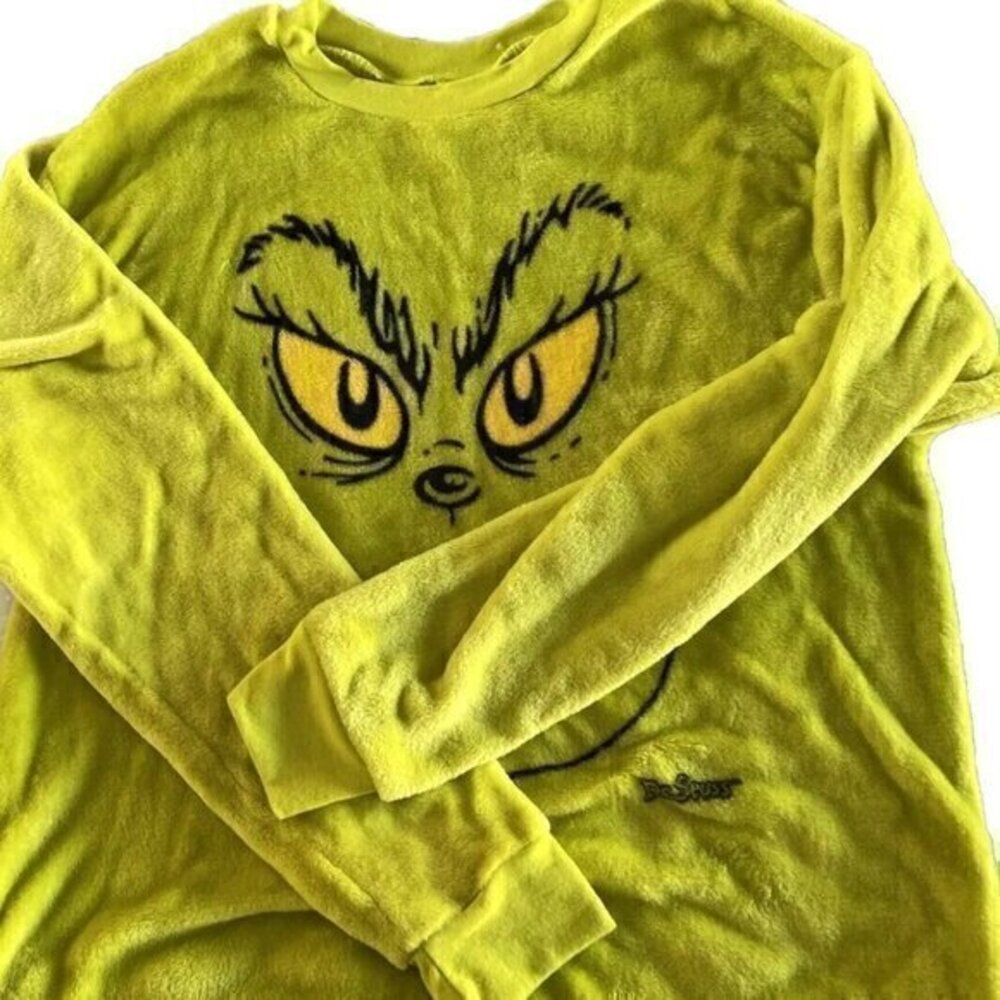 Dr. Seuss The Grinch Plush Sweatshirt Soft Long Sleeve Sz L Green Christmas